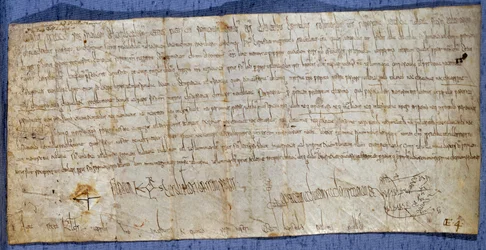 Charter of King Charlemagne (Charles I, Charles the Great or Carolus Magnus) (742-814) exempting the abbey of Saint Denis from tolling fees during the fair. End of the 8th century. Paris, National Archives