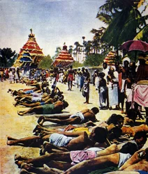 Civil Disobedience Week in India against the British Empire: demonstration led by political leader Mohandas Karamchand Gandhi (1869-1948) in Jalaipur in 1931. Illustration from 