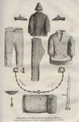 Clothing and irons received by a force arriving at the bagne de Rochefort in the 19th century. Engraving in 