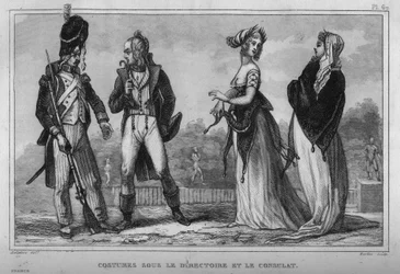 Costume on the Executive Board and the Consulate. Engraving from 1859 in Le Monde. History of all peoples from the most remote times to the present day by M. E. de Lostalot-Bachoue. Private collection.