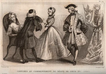 Costumes at the beginning of the reign of Louis XV (1720). Engraving from 1859 in Le Monde. History of all peoples from the most remote times to the present day by M. E. de Lostalot-Bachoue. Private collection.
