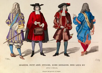 Costumes of Lord, little abbe, officer and rich bourgeois in Paris under the reign of King Louis XIV in the 17th century