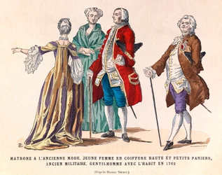 Costumes of an old fashionable matron, a young woman in high hairstyle and small baskets, a former military man and a gentleman in suit in 1762 (reign of King Louis XV) - private collection