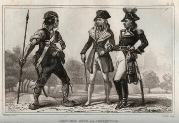 Costumes under the Convention. Engraving from 1859 in Le Monde. History of all peoples from the most remote times to the present day by M. E. de Lostalot-Bachoue. Private collection.