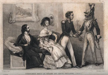Costumes under the rule of Louis Philippe (1839). Engraving from 1859 in Le Monde. History of all peoples from the most remote times to the present day by M. E. de Lostalot-Bachoue. Private collection.