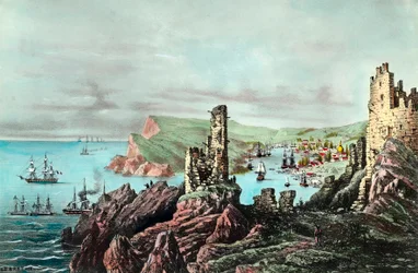 Crimean War: View of Balaklava Harbour in Crimea. Engraving around 1854-1855. Private collection