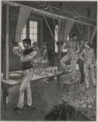Crystal Engravers Workshop in France in the 19th Century. Engraving from 1885 in 
