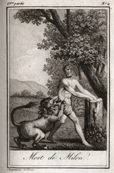 Death of Milon de Crotone (Milo of Croton), devoured by a wolf. Engraving from 1819 in “Lettres à Émilie sur la mythologie” by Charles Albert Demoustier (1760-1801). Private collection.