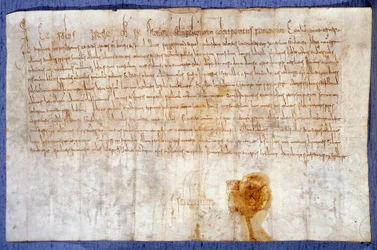 Donation of the domains of Luzarches and Mussy to the Abbey of Saint-Denis by King Charlemagne (Charles I, Charles the Great or Carolus Magnus) (742-814) on 25/02/775. Paris, National Archives