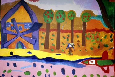 Drawing of children from the Croix Rousse school depicting a mill and trees. Saint Brieuc, Saint-Brieuc.
