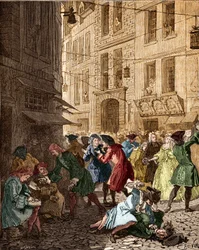 Economic system: the speculative bubble at the time of the law system, the agiotors of the rue Quincampoix - Paris IVth arrondissement. Quincampoix Street was at the time of John Law