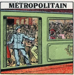 Electric trams: passengers piling up in the Metropolitain in Paris. Anonymous illustration from 1925. Private collection.