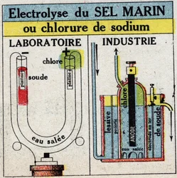 Electrochemistry: electrolysis of sea salt or sodium chloride. Anonymous illustration from 1925. Private collection.