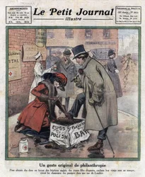 Elegant young girls, their faces hidden behind masks, polish the shoes of London passers-by to raise money for English hospitals. Illustration taken from 