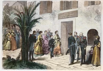 Empress Eugenia and Prince imperial Louis Napoleon visiting the house where Napoleon I was born, at Ajaccio, Corsica, France 1869 - voyage of the Imperial and Imperial Prince - visit to the home of Napoleon I to Ajaccio - 1869