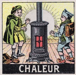 Ether (Material): Two Children Heated by the Heat of a Stove. Anonymous Illustration from 1925. Private Collection