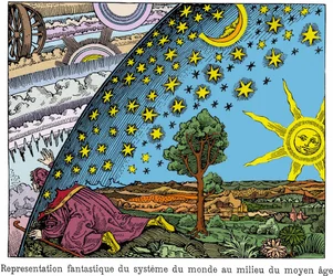 Fantastic representation of the world system in the middle of the Middle Ages. Italian Picture of the 18th century