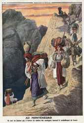First Balkan War: Montenegrin women cross the mountains on foot to ensure the supply of weapons. Illustration taken from “Le Petit Journal” 17/11/1912. Private collection.