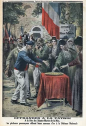 First World War 1914-1918 (War 14-18). At the festival of Saintes-Maries-de-la-Mer, the sailors offered the nation the gold rings to finance aid to the national defence. In “Le Petit Journal”, on 12/11/1916. Private collection