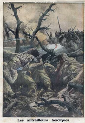 First World War 1914-1918. French machine gunners shooting at German military attacking. In Le Petite Journal, on 9/04/1916. Private Collection