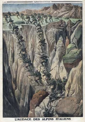 First World War 1914-1918. Italian soldiers climb the summit of the Cauriol in the Fiemme Alps in Italy. In Le Petite Journal, October 8