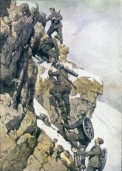 First World War: Italian Alpine Hunters Carrying Material on a Summit of the Italian Alps