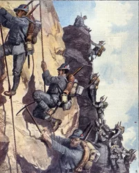 First World War: Italian Alpine Hunters Climbing a Wall in the Italian Alps