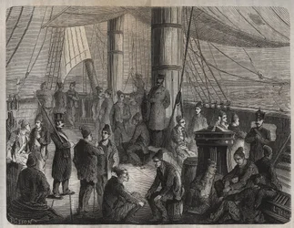 First convoy of forces from Toulon to Cayenne (Guyana) under the Decret of 8 December 1851. Engraving in Histoire des bagnes depuis leur création à nos jours (1877) by Pierre Zaccone. Private collection.