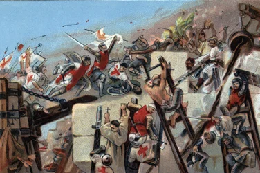 First crusade (1096-1099): the capture of Jerusalem by the crusaders led by Godefroy of Bouillon on 15 July 1099. Advertising chromolithography of Antoine chocolates in Brussels, beginning of the 20th century. Private Collection