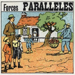 Forces: parallel forces. Basket of apples lifts with a pole by two men of different forces