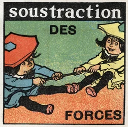 Forces: subtraction of forces. Two kids pulling a rope. Anonymous illustration from 1925. Private collection.