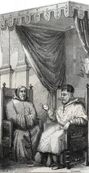 Francis of Paola founder of the Roman Catholic Order of Minims and Pope Sixtus IV - Saint Francis of Paola (Francesco di Paola) (1416-1507), founder of the Order of Minims with Pope Sixtus IV - Engraving of 1846 in 