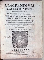 Frontispiece of Compendium maleficarum by Guazzo about demonology and witchcraft (engraving)