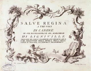 Frontispiece of a musical score of Salve regina hymn for three voices by marquis of Ligneville (1768)
