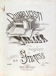 Frontispiece of musical score of The Publicists (Op. 321) by Johann Strauss