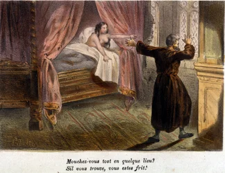 Gallant scene: A monk, in the company of a naked woman in bed, surprised by the arrival of a person, tries to hide. Colour engraving of the 19th century.