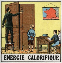Heat energy: a teacher in a classroom holds a candle near an open door