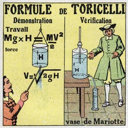 Hydraulic: demonstration and verification of Torricelli formula. The Italian physicist Evangelista Torricelli (1608-1647) gave a formula for calculating the flow rate of a liquid when one knows the height of its fall. On the right, the vase of