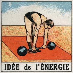 Idea of energy: athlete lifting a weight. Anonymous illustration of 1925. Private collection