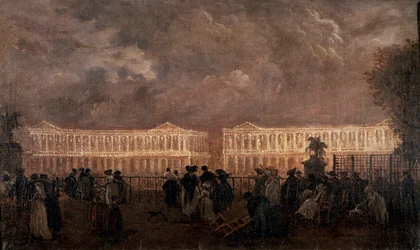 Illumination of Place Louis XV (now Place de la Concorde) in Paris in 1782. On the left, the current Hôtel de Crillon and on the right, the Hôtel de la Marine (Hôtel du Garde-Meuble). Anonymous painting