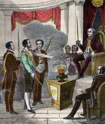 Initiation of a French Mason into the brotherhood - Reception (Ceremony) of a Freemason - Engraving from 1879 in 