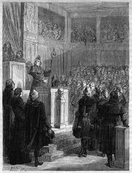 Jean Baptiste Gobel, Archbishop of Paris, wearing a red cap and holding his mitre, gave up his duties on November 7, 1793. Engraving from 1866 in 