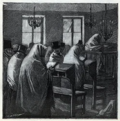 Jewish feasts: fideles during the prayer inside an oratory during the holidays. Engraving in Le monde illustree of 1892. Private collection
