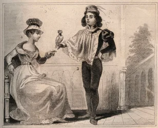 John II of Valois, Duke of Alencon with Marie de Fayel. Engraving from 1859 in 