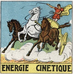 Kinetic energy: charioteer in Antiquity driving a chariot drawn by horses. Anonymous illustration from 1925. Private collection.