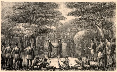King Lebuschi welcomes Henri Depelchin, Jesuit missionary and first superior of the Upper Zambeze mission in Africa. Engraving in 
