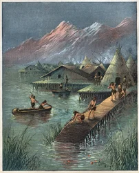 Lake Village, Prehistoric Lake City (Village built on stilts). Engraving from 1892.