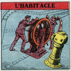Land magnetism: two sailors manoeuvring the rudder of a ship, looking at the cockpit, a copper box in which a compass is located. Anonymous illustration from 1925. Private collection.