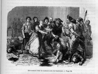 The Devotion of Madame de Sombreuil - Mademoiselle (Marie) de Sombreuil (1774-1823) heroine of the revolution - Engraving in 