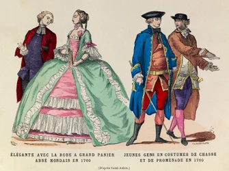 Left: Elegante with a large basket dress, mondain abbe in 1760 / Right: Young men in hunting and walking suit in 1760 (reign of King Louis XV) - private collection